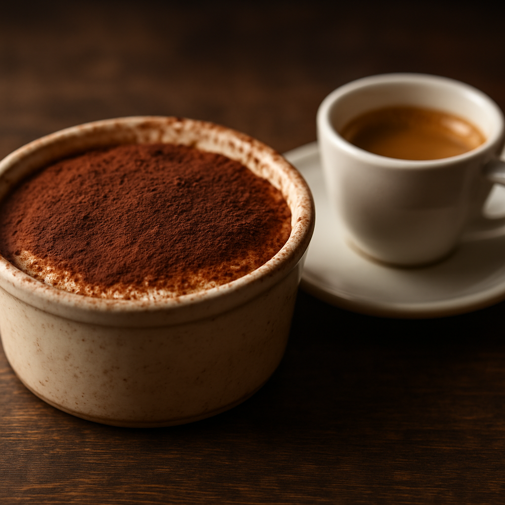Klassisches Tiramisu in rustikaler Keramik mit Kakao bestäubt