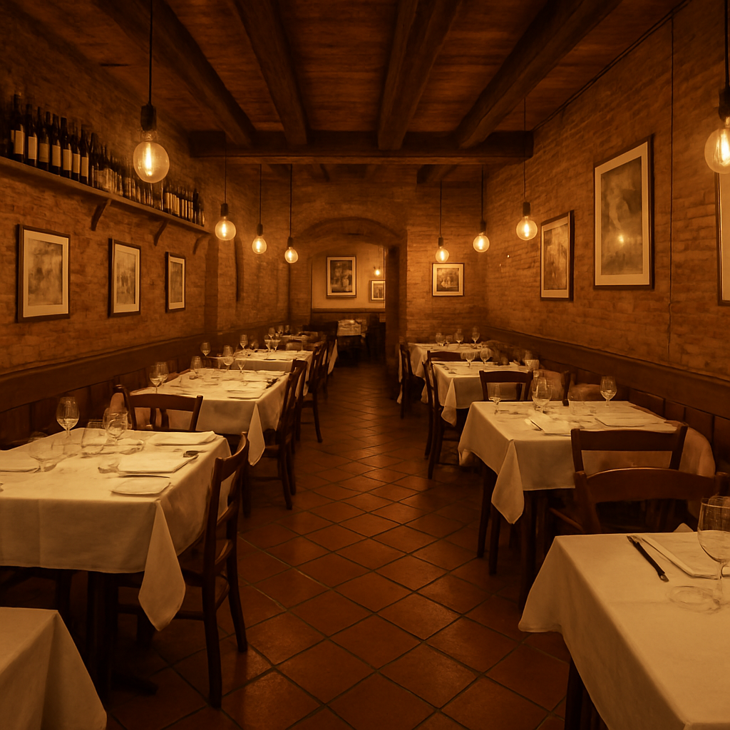Panoramablick in den Gastraum der Trattoria da Marco — Backsteinwände, Holztische, warmes Licht