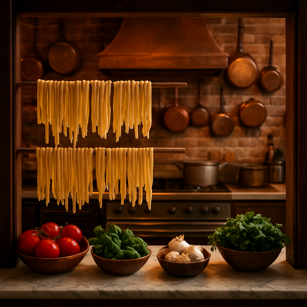 Blick in die Küche — hängende Pasta, Kupfertöpfe, frische Zutaten