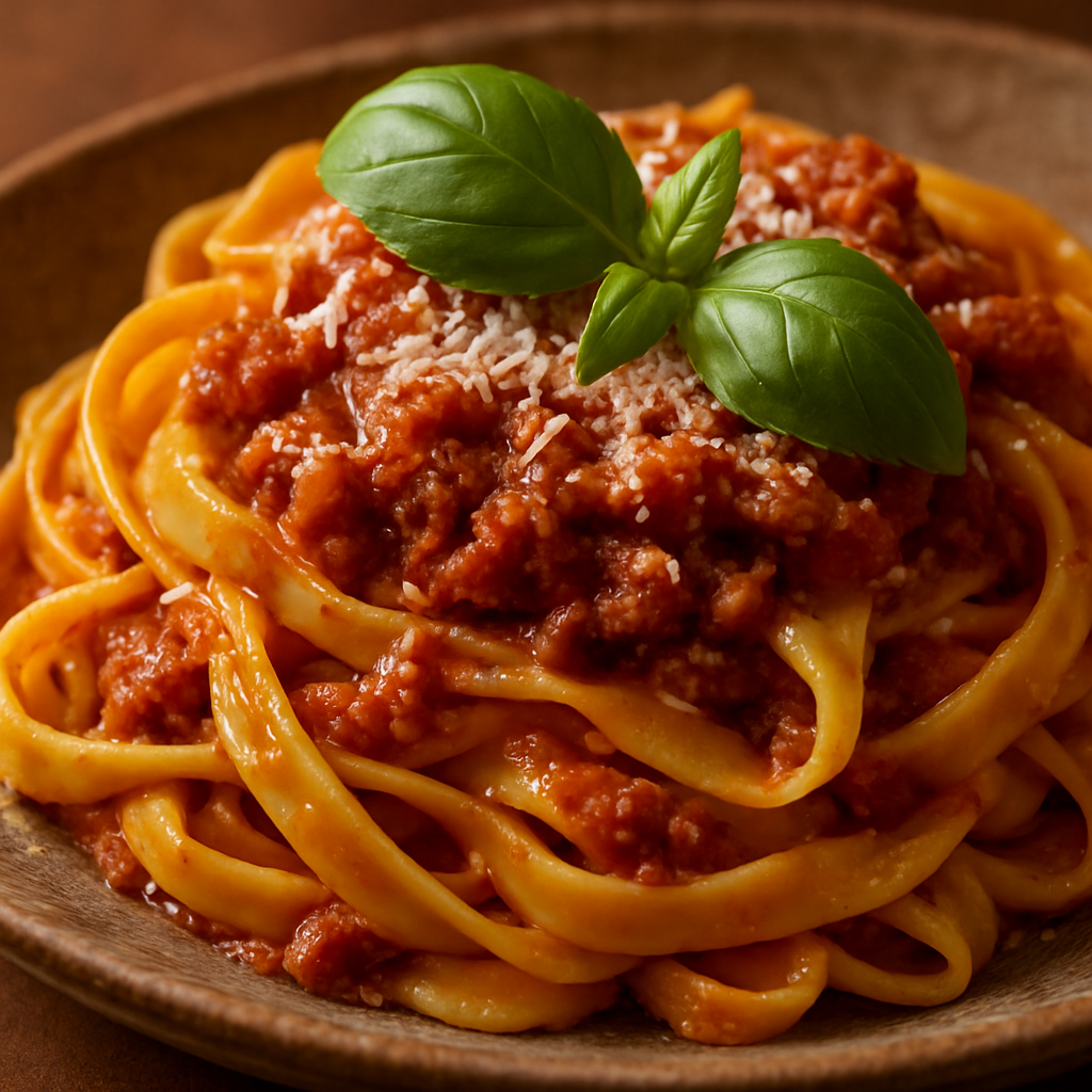 Nahaufnahme frischer Tagliatelle mit Ragù — hausgemacht