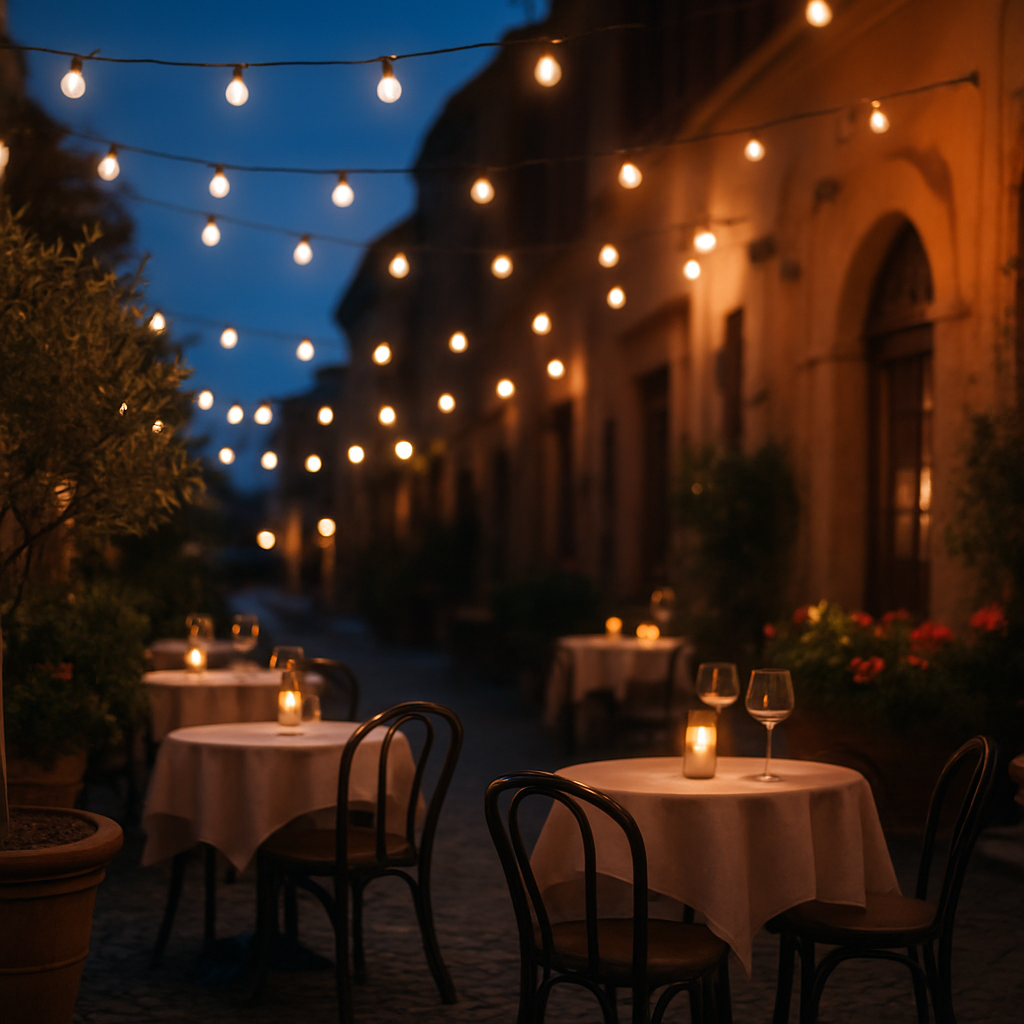 Abendlicher Außenbereich mit Lichterketten und Kerzen