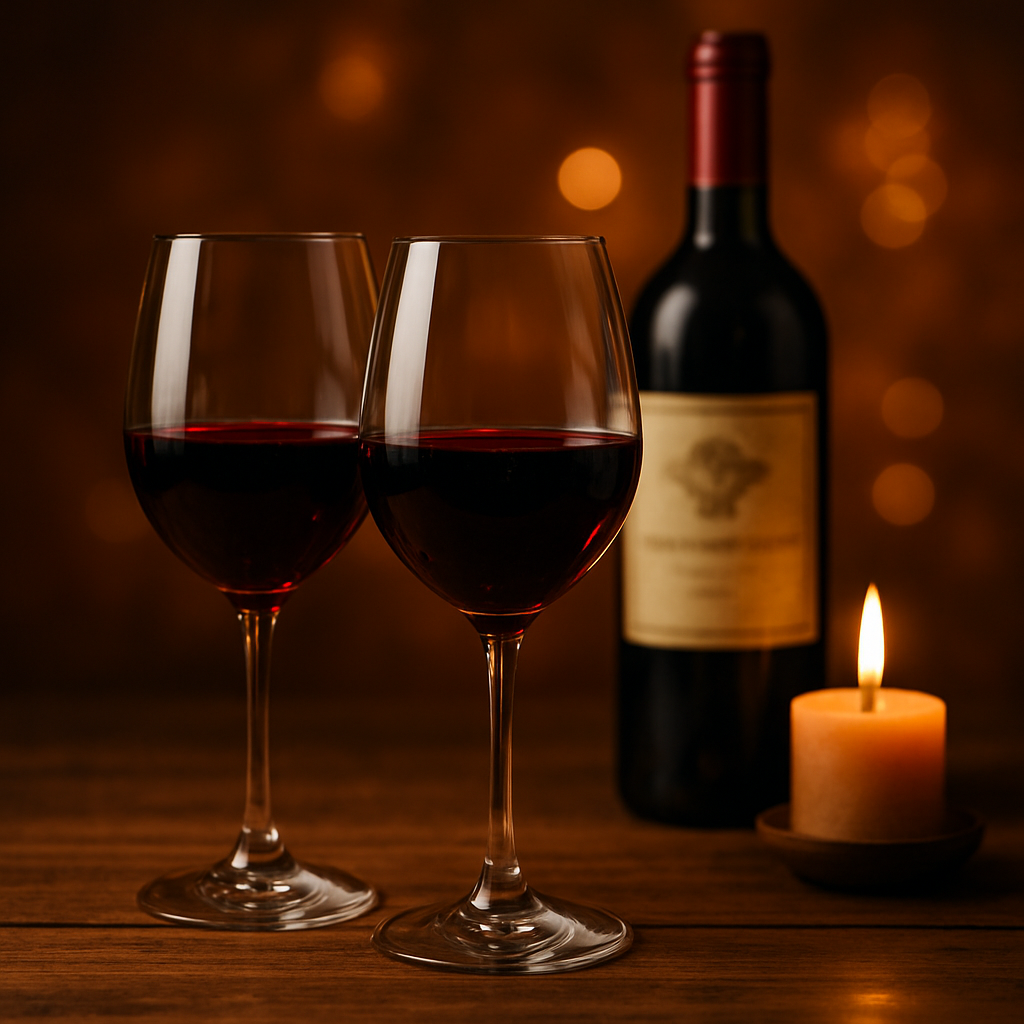 Zwei Weingläser mit Chianti, Weinflasche im Hintergrund, warmes Licht